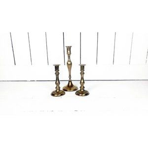 Vintage distressed brass pillar spindle candlesticks - set of 3